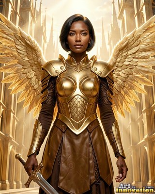 In a bright cathedral hall, a winged woman stands in shining gold armor holding a sword
