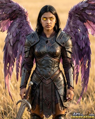 Standing in dry grass, an armored woman with purple feathered wings holds a broadsword