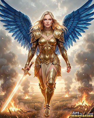 A winged woman in polished gold armor walks with a sword