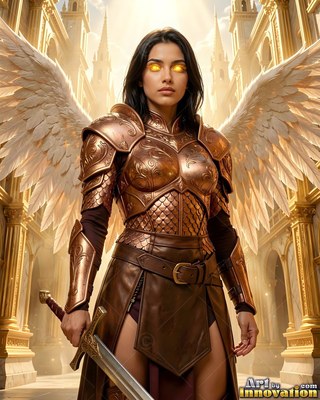 A winged woman in copper armor wields a sword under warm golden light