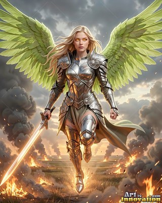 Flying forward over a smoky field, a winged woman wearing suit of silver armor grips a sword