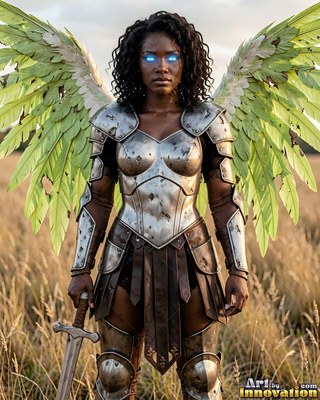 An armored Black woman with green wings holds a sword in a dry field