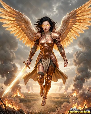 Above a burning field, a winged woman in bronze armor flies with a sword