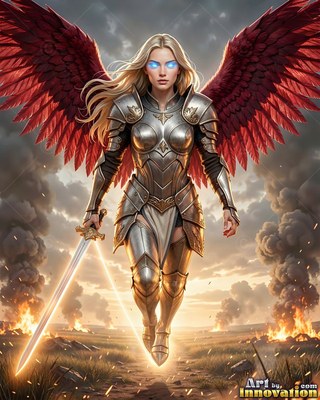 Hovering with a sword, a woman in steel armor spreads large red wings over smoke