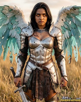 Woman with wings wearing silver armor grips a sword in a dry grassy field