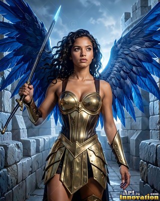 A woman in gold armor holds an upright sword, framed by bright blue wings against pale light