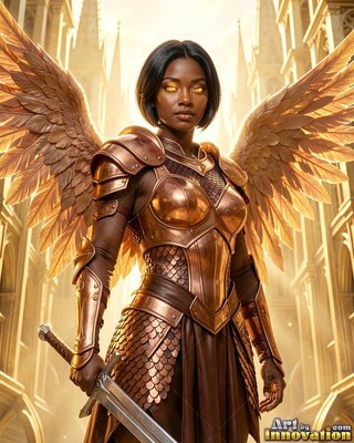 A winged Black woman in bronze armor wields a sword inside a bright hall