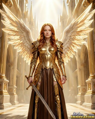 In a sunny marble hall, a winged woman in polished gold armor grasps a sword pointing down