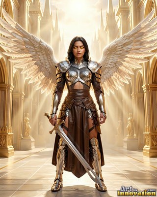 Woman with white wings in polished silver armor holding a sword in a bright hall