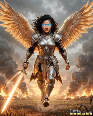 Silver plate armor covers a winged woman charging forward across a burning field