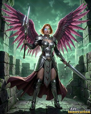 A woman with wings wearing silver armor stands with weapons under a green sky