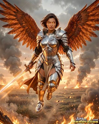 Hovering above a burning field, a feathered woman clad in bright silver armor grasps a sword