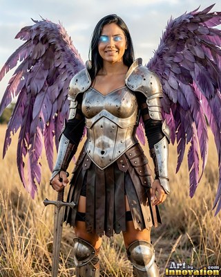 Standing in a dry field, a woman with wings wears steel armor and grips a sword