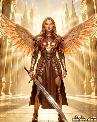 Bronze armor covers a winged woman holding a broad sword inside a sunny hall