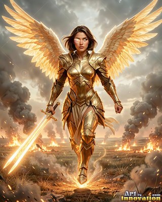 A woman with wings in polished gold armor walks forward, holding a bright yellow sword