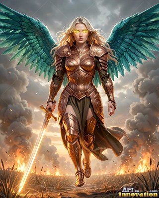 Walking forward across a battlefield, an armored woman spreads green wings