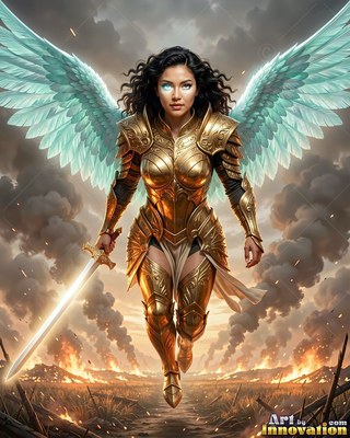 Over a burning battlefield, a feathered woman in gold armor walks with a sword