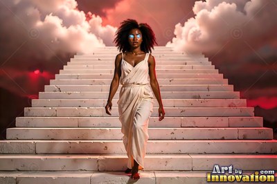 Walking down white stone stairs, a woman wears a light dress under a cloudy sky