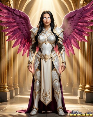 A woman in white and polished gold armor spreads pink wings inside a hall with pillars
