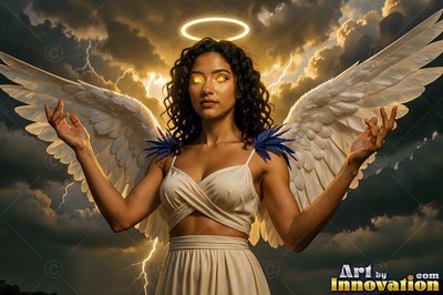 A woman with white wings and a halo raises her hands before storm clouds