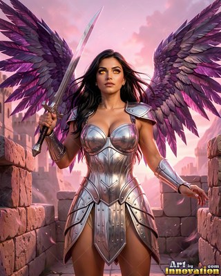 On stone ramparts, a winged woman dressed in bright silver armor wields a raised sword