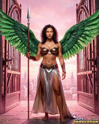 A winged woman holds a spear while standing before an open gate