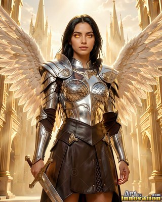 Silver plate armor covers a dark-haired woman with wings holding a sword in a golden city