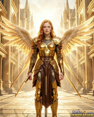 A woman with wings in gold armor stands with a sword in bright sunlight