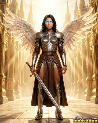 Standing straight in a sunlit hall, an armored feathered woman rests her hand on a sword