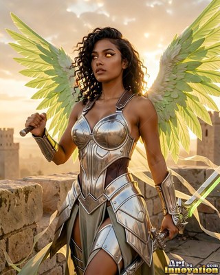 On a stone fortress wall, a silver-clad woman armor spreads light green wings