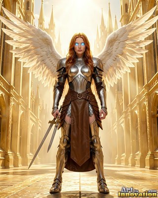 Standing with twin swords, an armored woman with wings faces forward in bright sun