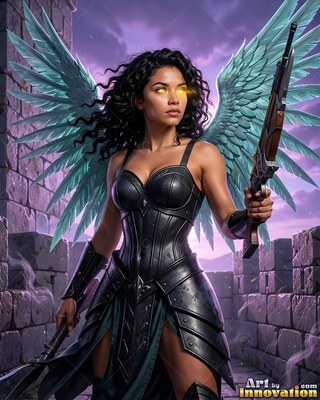 A winged woman in black armor holds a rifle before a stone wall under a purple dusk sky
