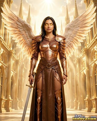 A woman with wings in bronze armor stands holding a sword in a bright cathedral hall