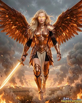 On a smoky battlefield, a winged woman walks forward in bronze armor with a sword