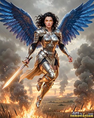 Flying with blue wings, an armored woman grasps a sword over a burning field