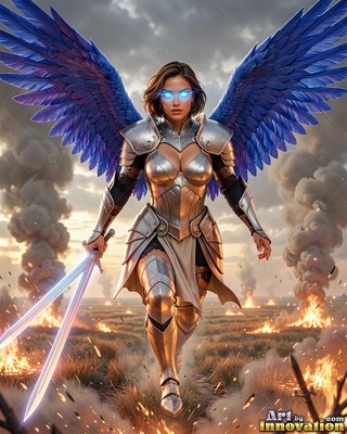 Armored woman with blue wings walks holding two swords