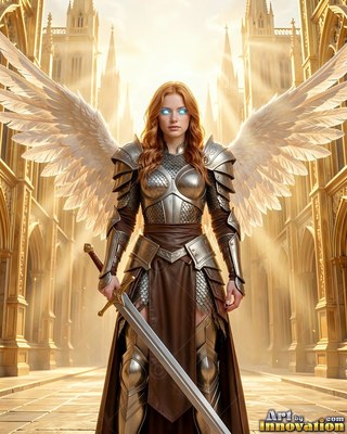 Steel plate armor covers a winged woman holding a broadsword in a sunlit cathedral hall