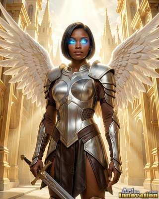 Facing forward in a golden hall, a winged silver-clad woman armor grips a sword