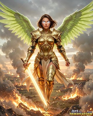 A winged woman in polished gold armor grips a sword over a burning battlefield