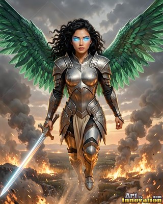 Above a smoky battlefield, an armored woman with green wings carries a sword