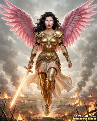 Woman in golden armor with pink wings walking with a sword