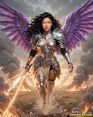 Purple feathered wings spread wide behind a woman in steel armor walking through a smoky battlefield
