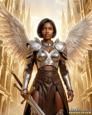 A winged silver-clad woman armor stands holding a sword in warm yellow sunlight