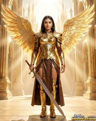 Standing full length in a sunlit hall, a feathered woman in golden armor wields a sword