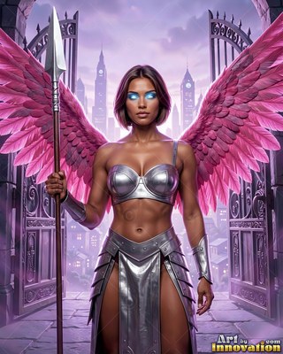 Before open city gates, a woman with pink wings stands in silver armor with a spear