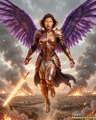 Descending over a smoky battlefield, an armored woman spreads her purple wings