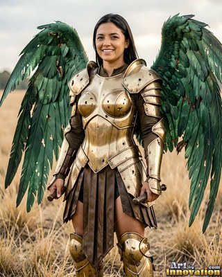 Polished golden armor worn by a smiling woman with green wings in a dry grass field