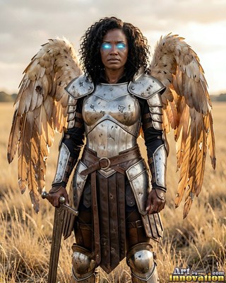 In an open grassy field, a woman with wings stands in silver plate armor holding a sword