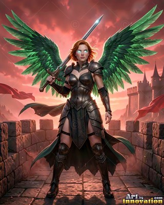 Holding a sword, a woman with green feathered wings stands on a stone tower wall