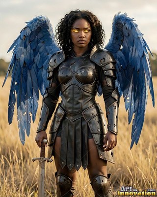 A Black woman in dark armor with blue wings stands in a dry field